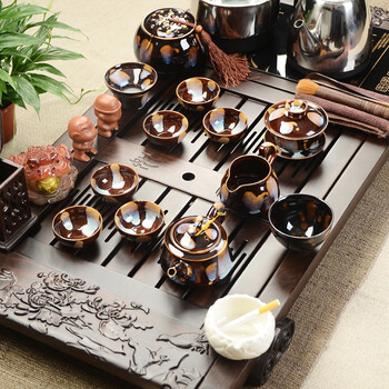 瓷恒堂 黑檀木实木茶盘整套功夫茶具 变窑茶具陶瓷套装四合一电热炉