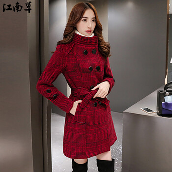 江南草 秋冬新款中长款毛呢大衣女 韩版时尚简约大气经典款百搭外套 红格 M