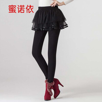 蜜诺依  2015秋季新款女装加绒加厚假两件网纱裙裤Q1398 黑色 XXL