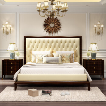 后现代轻奢床实木床头层牛皮真皮双人床卧室1.8米港式轻奢美式床 1.