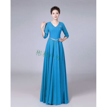 合唱服长裙大合唱服装演出服女国庆大摆裙迎宾中老年舞台服装 天蓝色