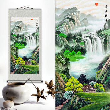 2018新款画山水画办公室装饰画客厅玄关竖版挂画聚宝盆风水卷轴字画 e