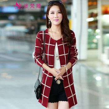 迷梵娅2014新款韩版毛衣针<em>织女开衫大方</em>格子