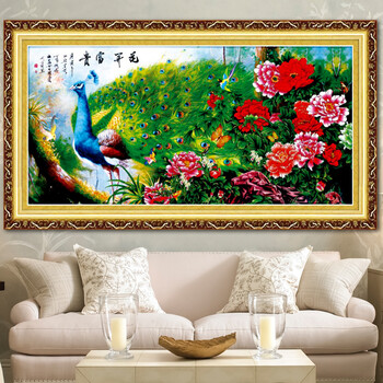 鸿胤皇室蒙娜丽莎十字绣孔雀开屏图花开富贵孔雀客厅十字绣画印花新款十字绣牡丹花系列画 YA435 长1.80米*宽0.80米