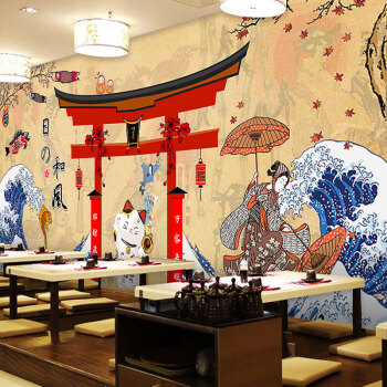 餐厅背景墙纸日式和风浮世绘榻榻米壁纸料理神奈川冲浪里壁画 壁画