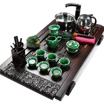 
                                        辉跃 功夫茶具套装紫砂汝窑青瓷整套茶具 黑檀木实木茶盘 四合一抽水电热炉茶托 款一傲雪寒梅黑檀祥云1688                