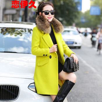 恋伊久2016春季新款毛呢大衣女毛呢外套女 草黄色(无毛领) L