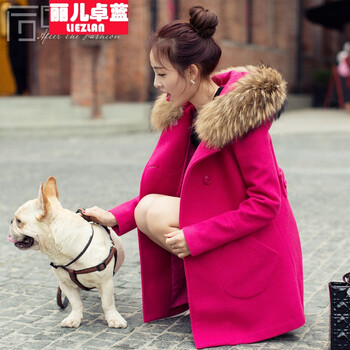 丽儿卓蓝 2016秋冬新款毛呢外套女韩版中长款毛领外套大衣风衣女装 丈青(不加棉) M