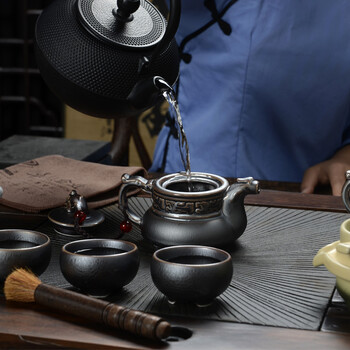 恒越 老船木乌金石茶盘 铁锈釉整套茶具 实木组合茶盘 功夫茶具