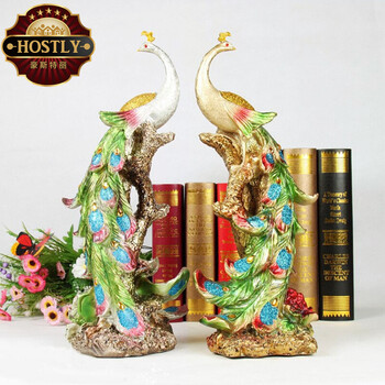 
                                        豪斯特丽（HOSTLY） 彩色凤凰摆件 金粉华丽彩孔雀摆件 复古欧式家居摆件 金银一对                