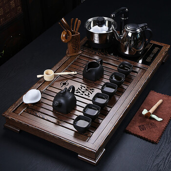 
                                        言艺 整套功夫茶具套装 乌金石茶盘 陶瓷茶具茶海茶杯 高档家用自动上水电磁炉 时来运转柴烧配残荷茶盘(大)                