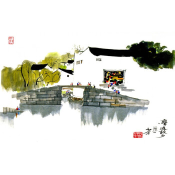 2件8折 装饰画小横幅中国山水画横版 中式客厅挂画江南水乡水墨画 02