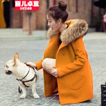 丽儿卓蓝 2016秋冬新款毛呢外套女韩版中长款毛领外套大衣风衣女装 丈青(不加棉) M