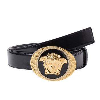 versace 范思哲 男款黑色亮面牛皮美杜莎头像金色板扣皮带腰带 dcu