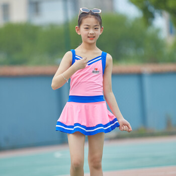泳衣女孩韩国连体裙式运动款泳装平角女童学生游泳衣 粉色 l(9-12岁)