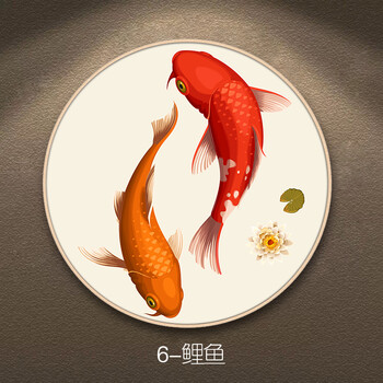 新中式入户玄关圆形九鱼图装饰挂画沙发背景墙面风水油画壁画yhj 鲤鱼