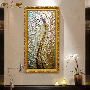 
                                        凤之舞油画 玄关装饰画 欧式手绘 手工油画招财树过道走廊油画竖版挂画 壁画墙画 框4发财树白 50x100                
