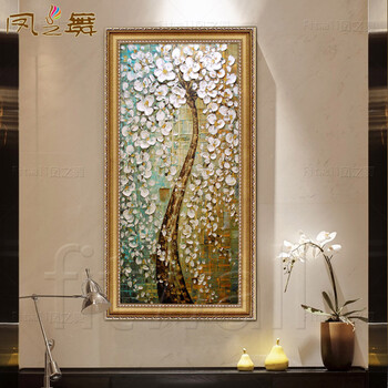 
                                        凤之舞油画 玄关装饰画 欧式手绘 手工油画招财树过道走廊油画竖版挂画 壁画墙画 框4发财树白 50x100                