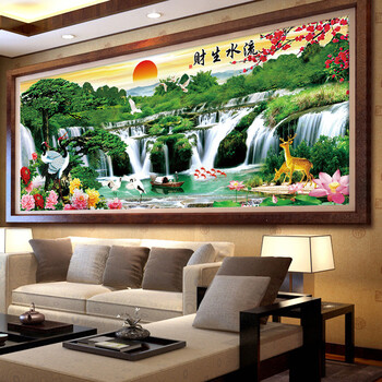 
                                        尚世纪迎客松十字绣山水画风景 流水生财旭日东升十字绣 新款客厅系列 满钻钻石画120X38CM 魔方钻 30色228                
