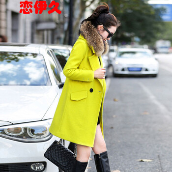 恋伊久2016春季新款毛呢大衣女毛呢外套女 草黄色(无毛领) L