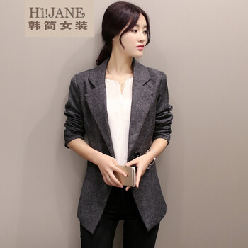 HI!JANE2016春秋季新款女士小西装长袖韩版外套秋装修身职业女装棉麻小西服女 黑色 XXL