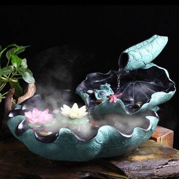 水磨坊 家居水景荷趣 新中式招财喷泉摆件创意流水装饰工艺品加湿流水喷泉摆饰鱼缸 荷趣C款+喷雾器