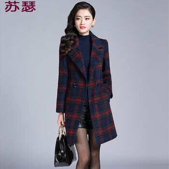 苏瑟 2015秋冬女装韩版修身中长款大码女装毛呢大衣外套女8136 红格 L