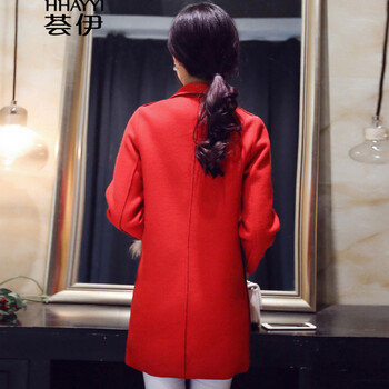 荟伊2015冬季新款韩版毛呢外套女装修身中长款外套女呢大衣HY1247 大红色 M码