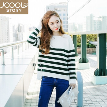 jcoolstory韩国2015秋冬新款拉链条纹圆领宽松套头毛衣韩版女外套 绿色条纹 均码