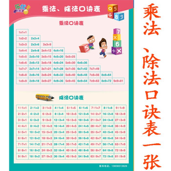 挂图数学幼儿园儿童学前班一年级小学生墙贴画 乘法除法口诀挂图一张