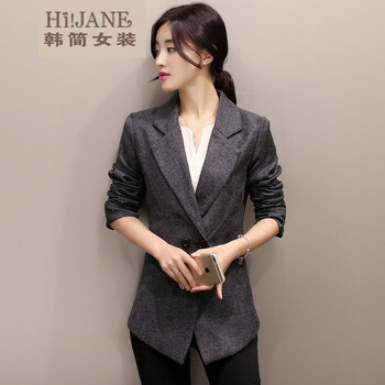 HI!JANE2016春秋季新款女士小西装长袖韩版外套秋装修身职业女装棉麻小西服女 黑色 XXL