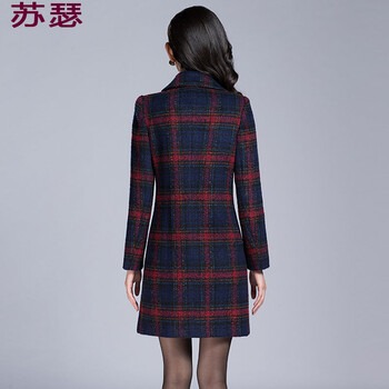 苏瑟 2015秋冬女装韩版修身中长款大码女装毛呢大衣外套女8136 红格 L