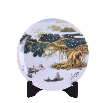 
                                                            瓷博 家居客厅现代装饰摆件景德镇陶瓷盘子工艺品 榕塘牧牛图  童子古榕水牛                 