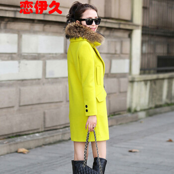 恋伊久2016春季新款毛呢大衣女毛呢外套女 草黄色(无毛领) L