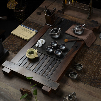 恒越 老船木乌金石茶盘 铁锈釉整套茶具 实木组合茶盘 功夫茶具
