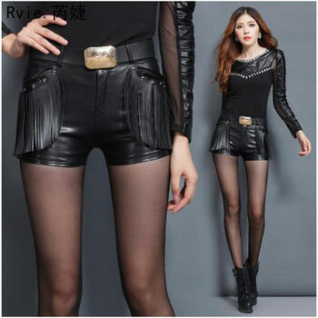 <em>2015秋冬</em>韩版百搭皮<em>短裤</em> 修身流苏PU皮<em>短裤</em> 