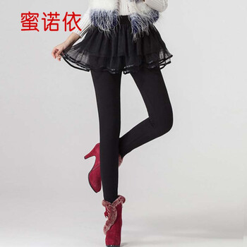蜜诺依  2015秋季新款女装加绒加厚假两件网纱裙裤Q1398 黑色 XXL
