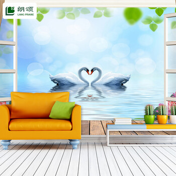 朗颂 3D窗户梦幻天鹅湖墙纸 沙发背景墙壁纸