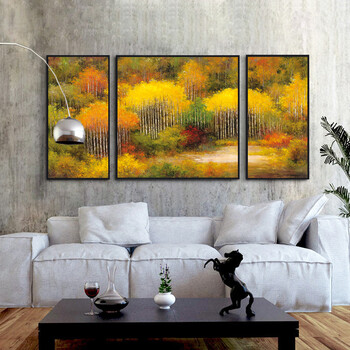 
                                        新意坊客厅沙发背景墙装饰画现代餐厅挂画卧室壁画艺术风景油画三拼有框画 白桦树 70*140cm                