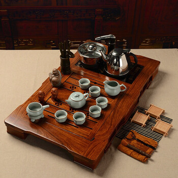 馨铭堂 石瓢壶汝窑茶具 花梨茶盘带电热炉整套功夫茶具套装