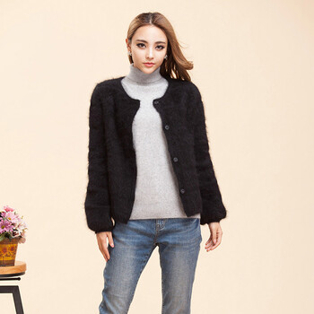 蒙圣绒特 秋冬新款 女士圆领长毛<em>水貂绒开衫</em>外