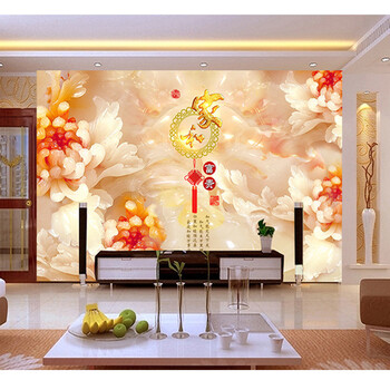 省心3D玉雕风格墙纸壁画现代中式客厅沙发电