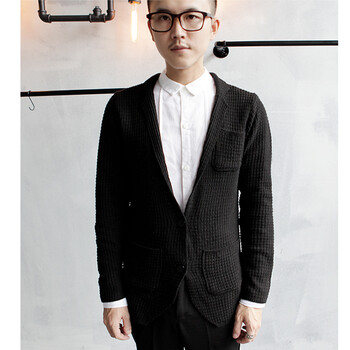 迢也 秋装新款<em>男士针织开衫西装</em>款大<em>V领</em>纯色针