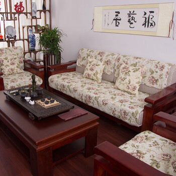 
                                        小家子 双面纯棉中式田园布艺真皮实木沙发垫牡丹 富贵牡丹 110cm*210cm单条装                