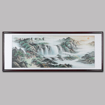 手绘办公室国画客厅中式山水画挂画带框装饰画六尺横幅书画聚宝盆