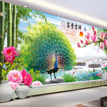 
                                        诗美诗格印花十字绣富贵吉祥玉兰开屏孔雀牡丹5D钻石画新款客厅大画满绣系列 十字绣中格三股绣150*70厘米 满绣棉线                