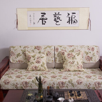 
                                        小家子 双面纯棉中式田园布艺真皮实木沙发垫牡丹 富贵牡丹 110cm*210cm单条装                