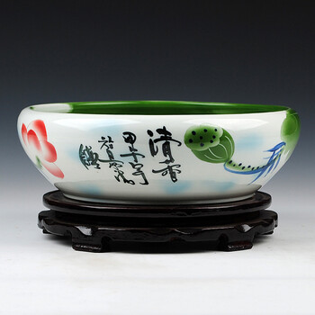 
                                        陶之念 景德镇陶瓷器 清香荷花金鱼缸盆乌龟缸睡莲水浅水仙 家居摆件 清香带底座                