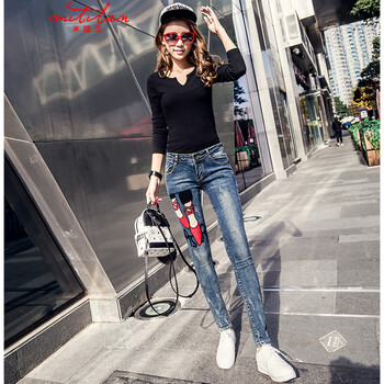 米缇兰8722新款弹力低腰紧身女牛仔小脚裤显