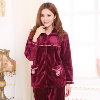 芬芝彩法兰绒女<em>睡衣</em>秋冬季红色家居服<em>加厚</em>珊瑚